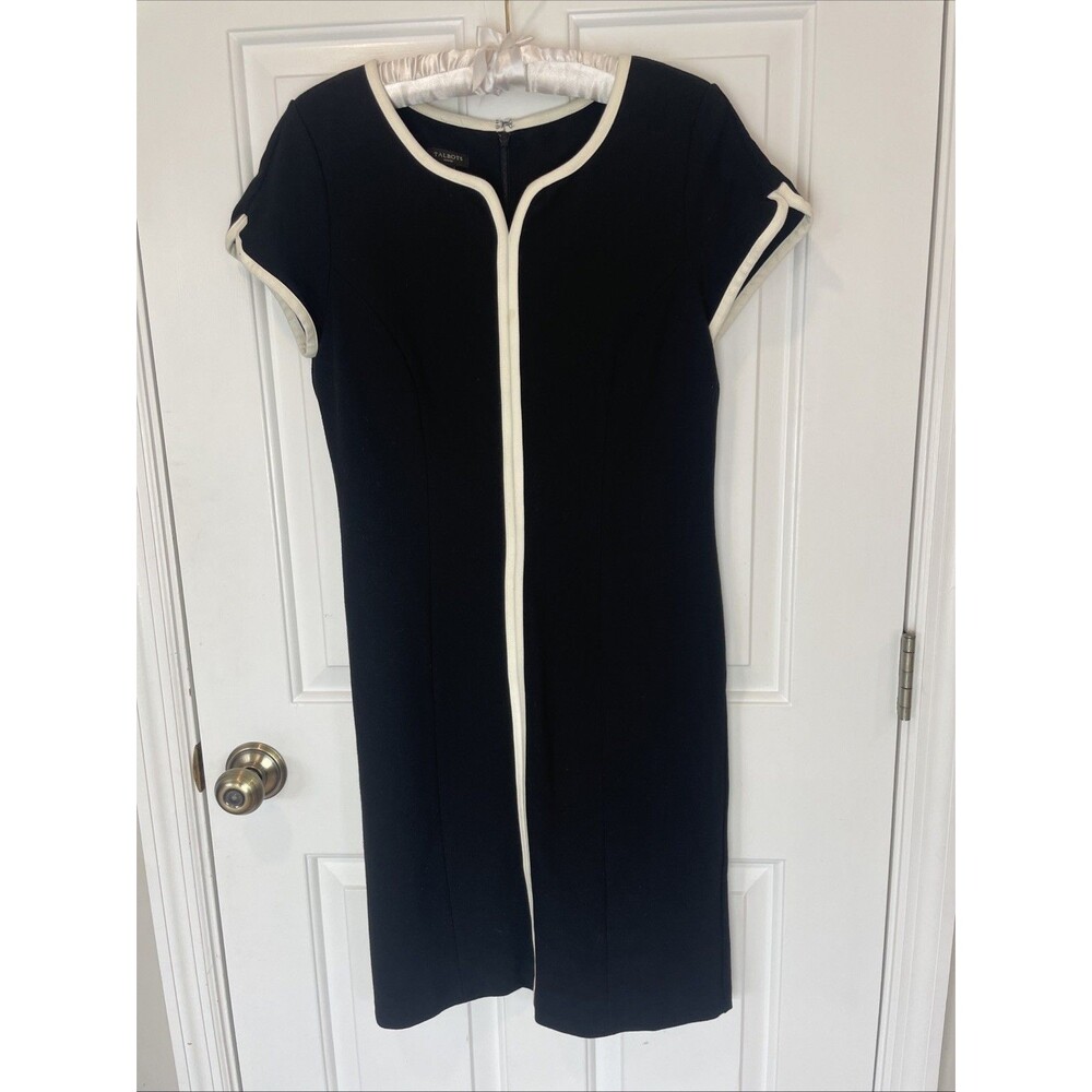 TALBOTS BLACK SHEATH DRESS WITH IVORY FRONT TRIM-SIZE 6P-PERFECT CONDITION!!